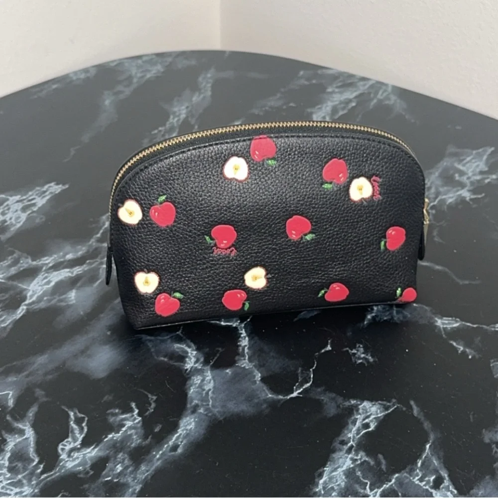 Coach Black Red Cosmetic Leather Bag Clutch Case with Red Apple Print AUTHENTIC